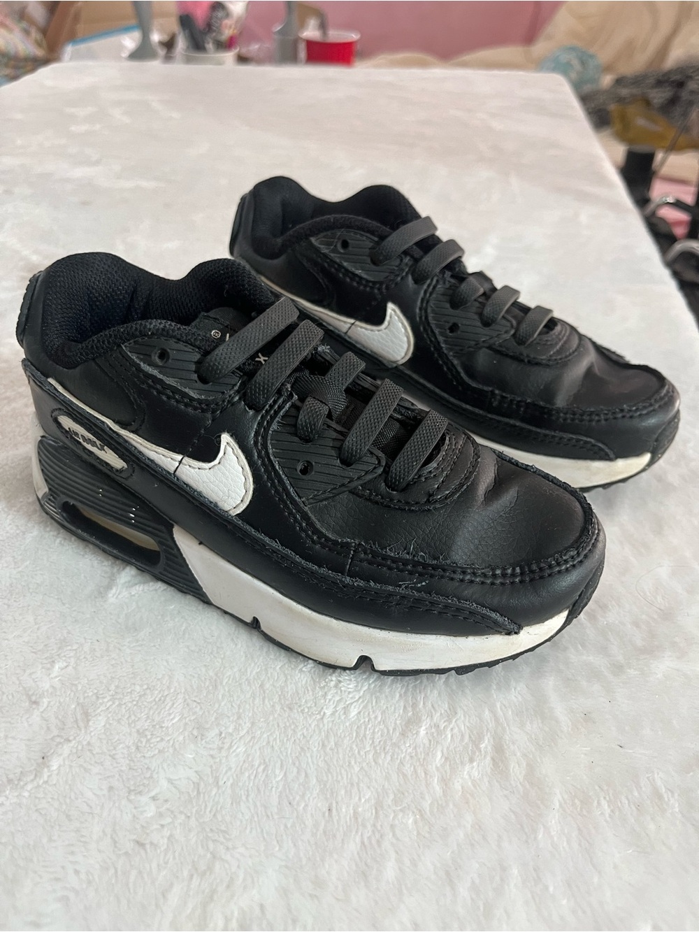 Nike Air Max 90 Kids Black White Sneakers Size 12 Athletic Leather Swoosh